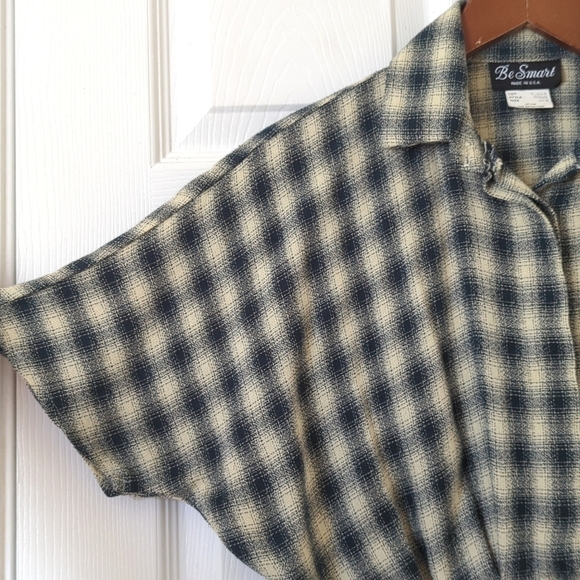 Be Smart 80's Vintage Classic Plaid Short Sleeve Wide Leg Romper Navy Cream 3/4 - Picture 4 of 16